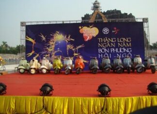 Gathering of vintage scooter enthusiasts at the “Vespa Reunion of 3 Regions” 2015