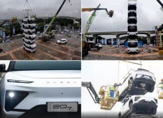 Chinese automaker showcases durability by stacking 7 cars on top of each other