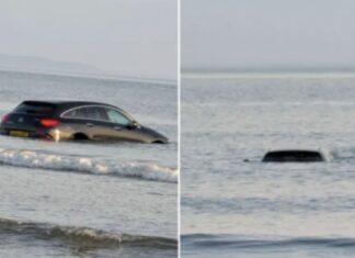 Witnessing the Sunset by the Sea, a Mercedes-Benz Submerged by the Tide
